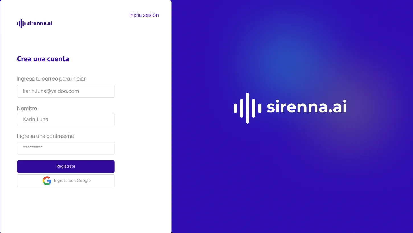 Sirenna.ai – Pantalla de registro